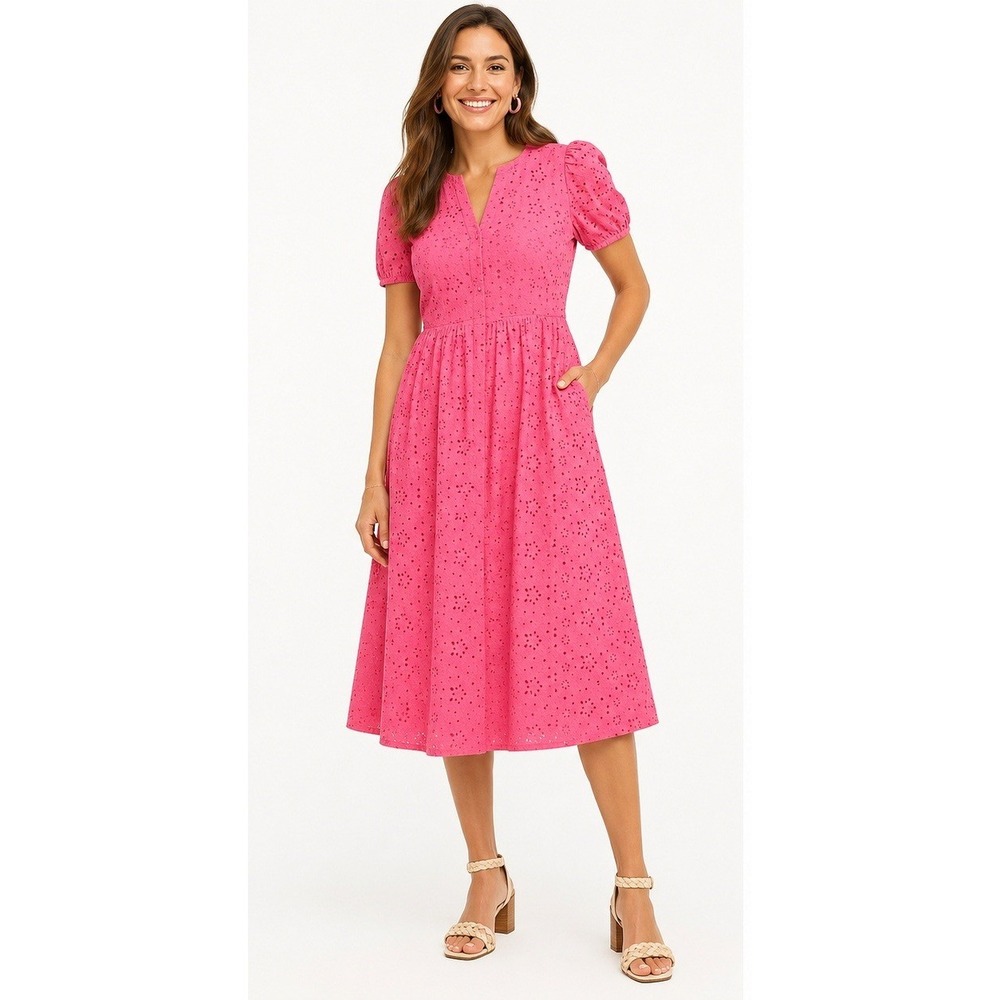 J.Crew Pink Cotton Eyelet Midi Dress V-Neck Puff Sleeve Tiered Pocket 8